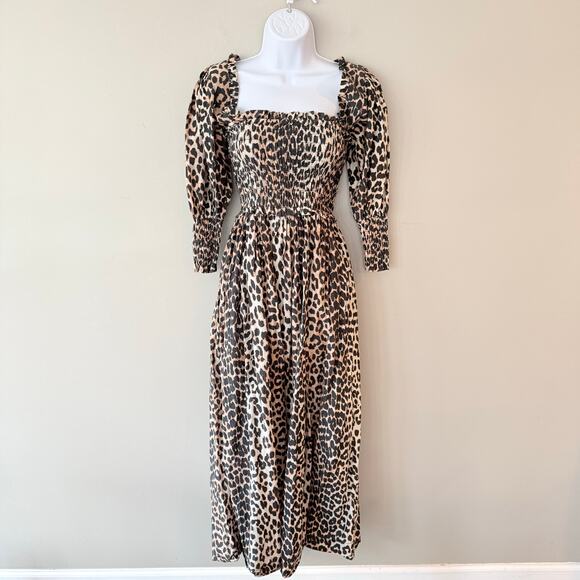 GANNI Leopard Print Maxi Dress Smocked Silk Blend EU 32 US 0 Mob Wife Luxury - Picture 4 of 16